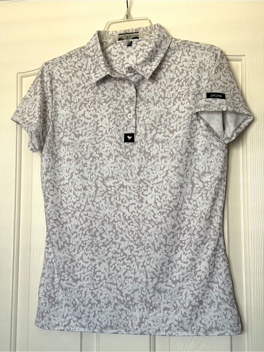 Bad Birdie Golf Women's Short Sleeve Button-Down Polo in Light Gray and White